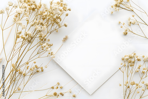 Stylish elegant flat lay white gold floristic greeting invitation post card with copy space mockup.