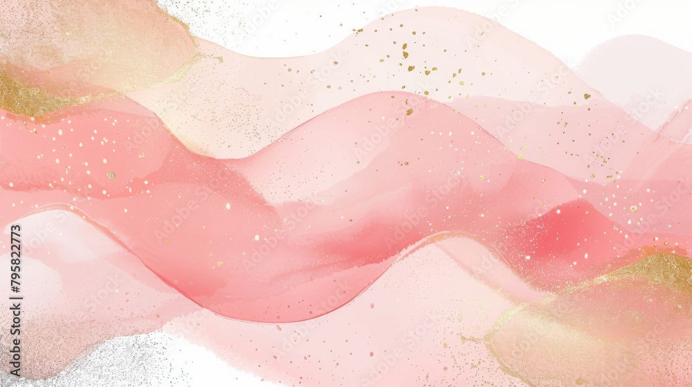 Fototapeta premium Soft pink waves with gold accents in a dreamy abstract watercolor background