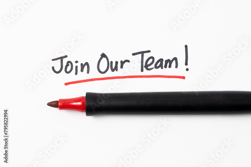 Join our team handwriting text on white paper with red marker pen