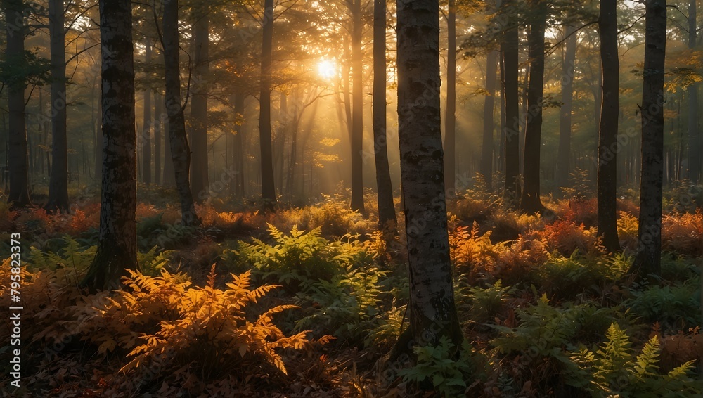 A forest during golden hour, where the setting sun casts a warm, golden glow over the multi-colored leaves ai_generative A forest during golden hour, where the setting sun casts a warm, golden glow over the multi-colored leaves ai_generative