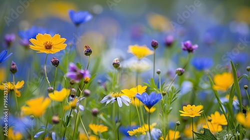 Blue meadow full of yellow flowers. Mixed with other flowers from time to time. I can feel the scent of spring. It's a great place to take a walk © ofri