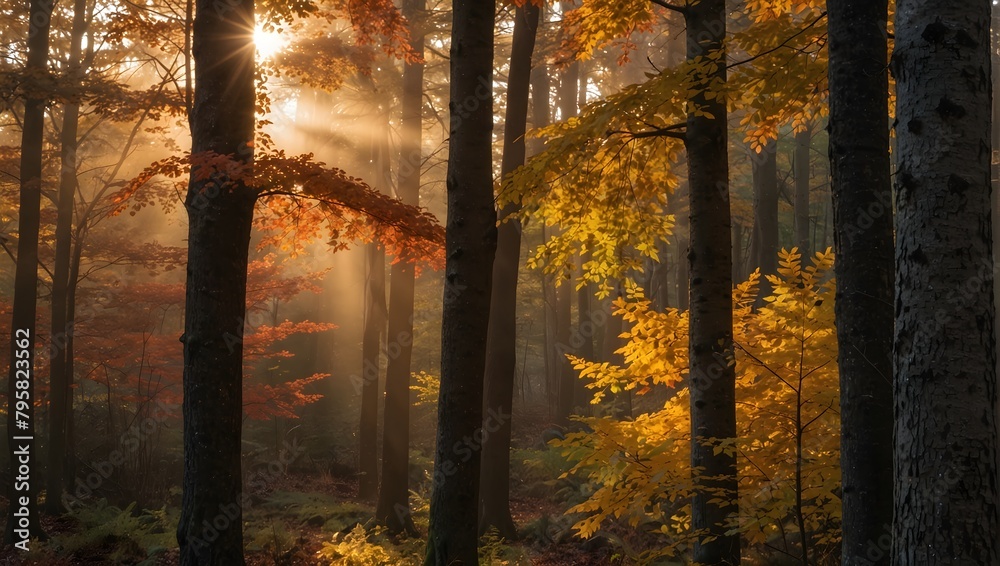 A forest during golden hour, where the setting sun casts a warm, golden glow over the multi-colored leaves ai_generative A forest during golden hour, where the setting sun casts a warm, golden glow over the multi-colored leaves ai_generative