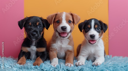 trio of happy puppies on soft rug with vibrant background for pet adoption campaign photo