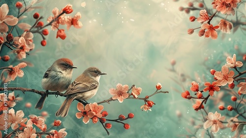 Birds in branches flowers floral background with flowers