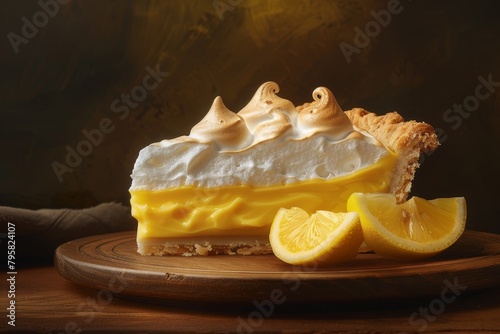 Delicious lemon meringue pie on wooden board