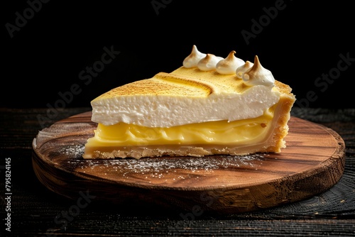 Delicious lemon meringue pie slice on wooden board