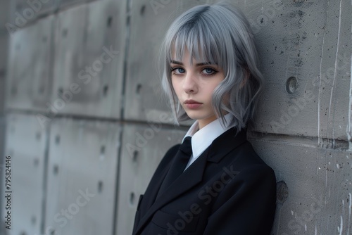 Pensive young woman with silver hair