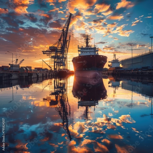 Portrait plane and container cargo ship with crane in harbor at sunrise scene. AI generated