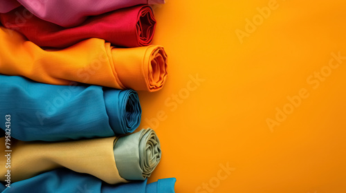 assorted colorful fabric bolts on yellow background for textile industry, with a copy space for text photo