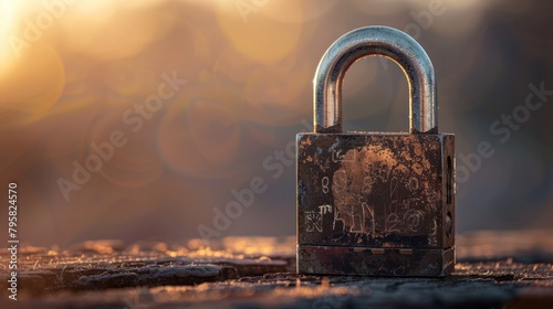 An old aged metal padlock locked on blur background. AI generated image photo