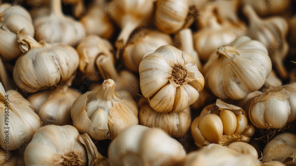 Close up of garlic heads on table Close up of garlic heads on table