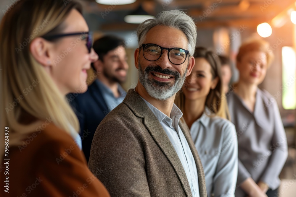 Portrait of a smiling senior businessman with colleagues in background at office Portrait of a smiling senior businessman with colleagues in background at office