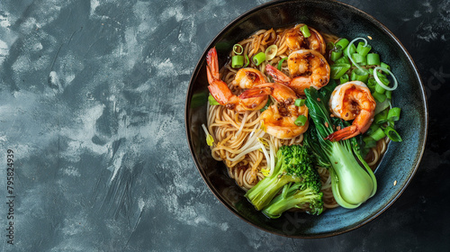 Chinese noodle bowl with spicy shrimp and vegetables