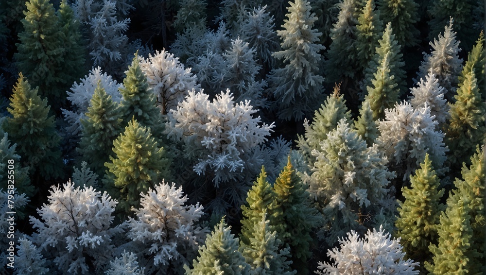 : A wintry forest scene with frosted trees, each branch dusted in white, contrasting sharply against deep blue and green pines ai_generative