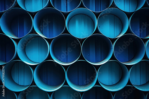 Abstract blue pipes arranged in circular pattern on black background for industrial concept design
