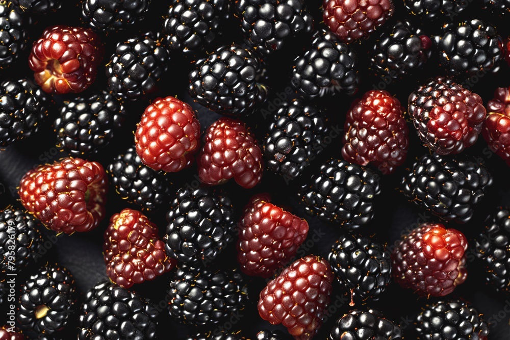 Close-up image showcasing a mix of ripe blackberries and raspberries, highlighted by soft light. Close-up image showcasing a mix of ripe blackberries and raspberries, highlighted by soft light.