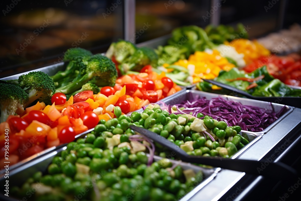 A vibrant display of fresh vegetables in a salad bar, featuring various colorful peppers, tomatoes, broccoli, and other greens.