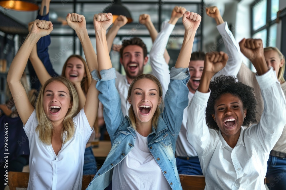 Group of happy young people cheering and gesturing while sitting in a pub Group of happy young people cheering and gesturing while sitting in a pub