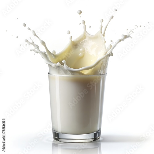 Close-up milk glass with splash isoalted on white background photo