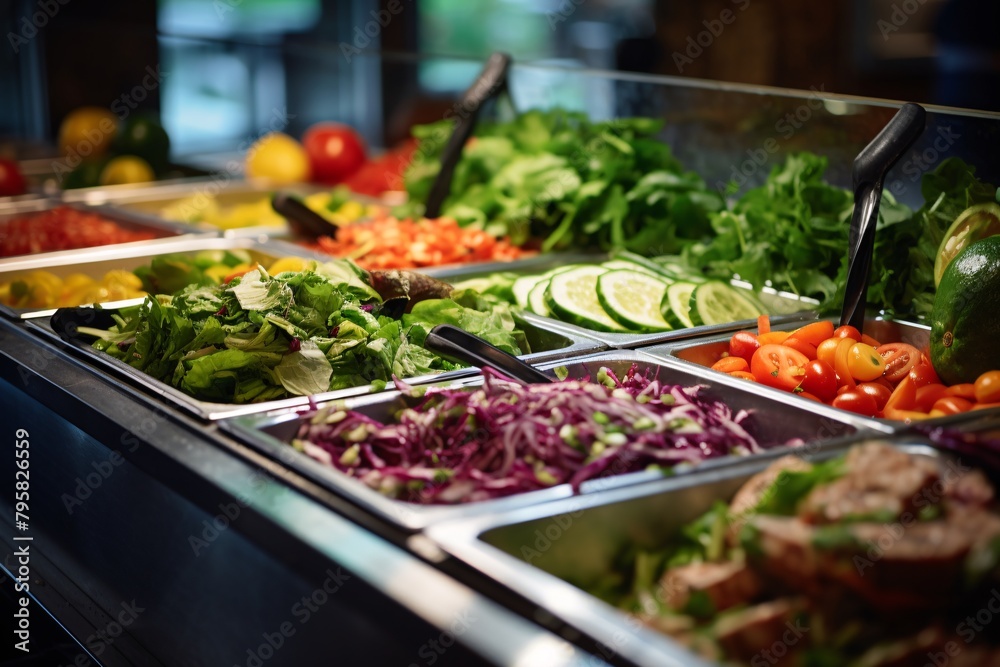 An assortment of fresh vegetables displayed in a salad bar, including sliced cucumbers, tomatoes, and mixed greens under bright lighting.