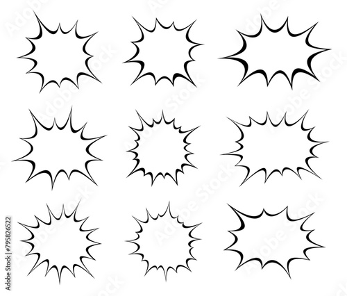 An assortment of black and white comic-style speech bubbles, each with a unique spiky outline, suitable for varied expressions in graphic storytelling.