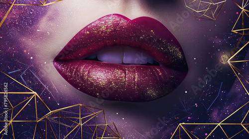 Mouth with Metallic Violet Lipstick in Mixed Composition with Clouds Background and Makeup