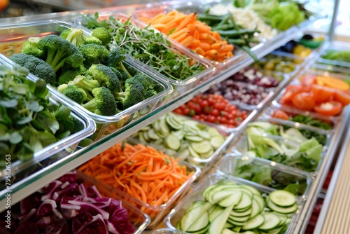Various fresh vegetables displayed neatly in containers at a salad bar.