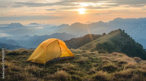 Yellow tent on the mountain in the morning. 