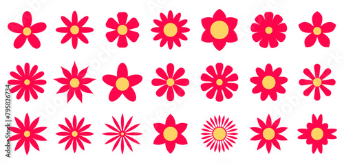 A vibrant collection of red flowers with yellow centers presented in various stylized forms, evoking a playful and cheerful floral pattern on a white background.