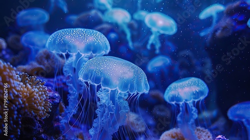 Blue sea bottom, vista, there are beautiful corals on the sea bottom, the sea floor is wide, clean, glowing jellyfish swimming in the water © ofri