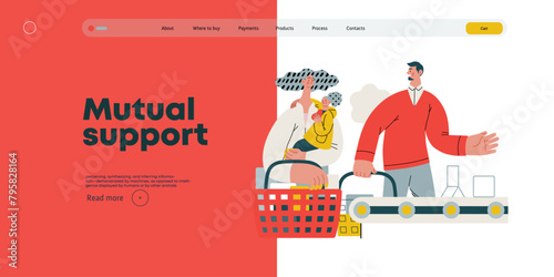 Mutual Support: Skip ahead in line -modern flat vector concept illustration of man letting woman with child go ahead in shop checkout line A metaphor of voluntary, collaborative exchanges of services