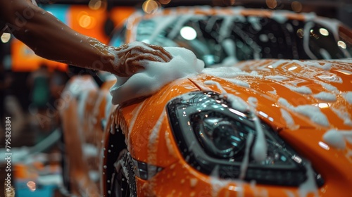 Closeup gand washing an orange sportscar photo