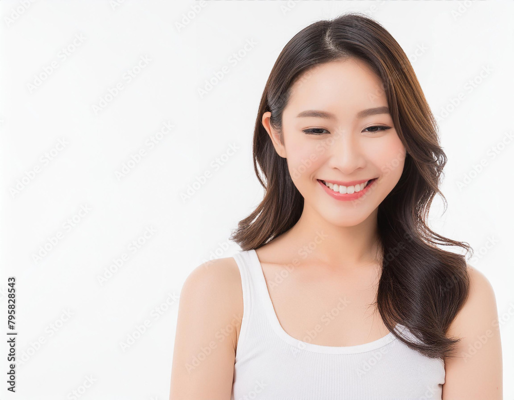 Beautiful natural Japanese women wear white tank top, white background. Beautiful natural Japanese women wear white tank top, white background.