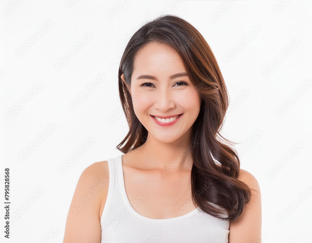 Beautiful natural Japanese women wear white tank top, white background Beautiful natural Japanese women wear white tank top, white background