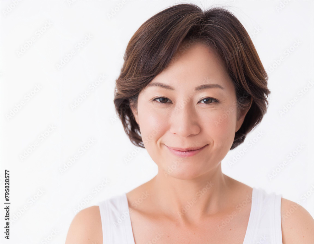 Beautiful natural Japanese women wear white tank top, white background Beautiful natural Japanese women wear white tank top, white background
