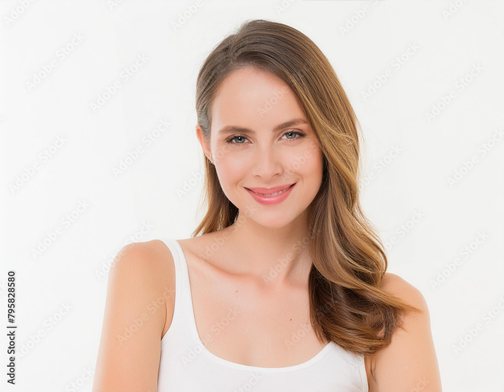 Beautiful natural women wear white tank top, white background with copy space; skincare concept Beautiful natural women wear white tank top, white background with copy space; skincare concept