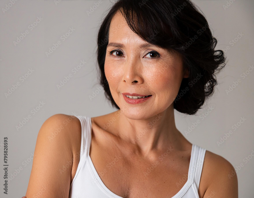 Beautiful natural Japanese women wear white tank top, white background Beautiful natural Japanese women wear white tank top, white background