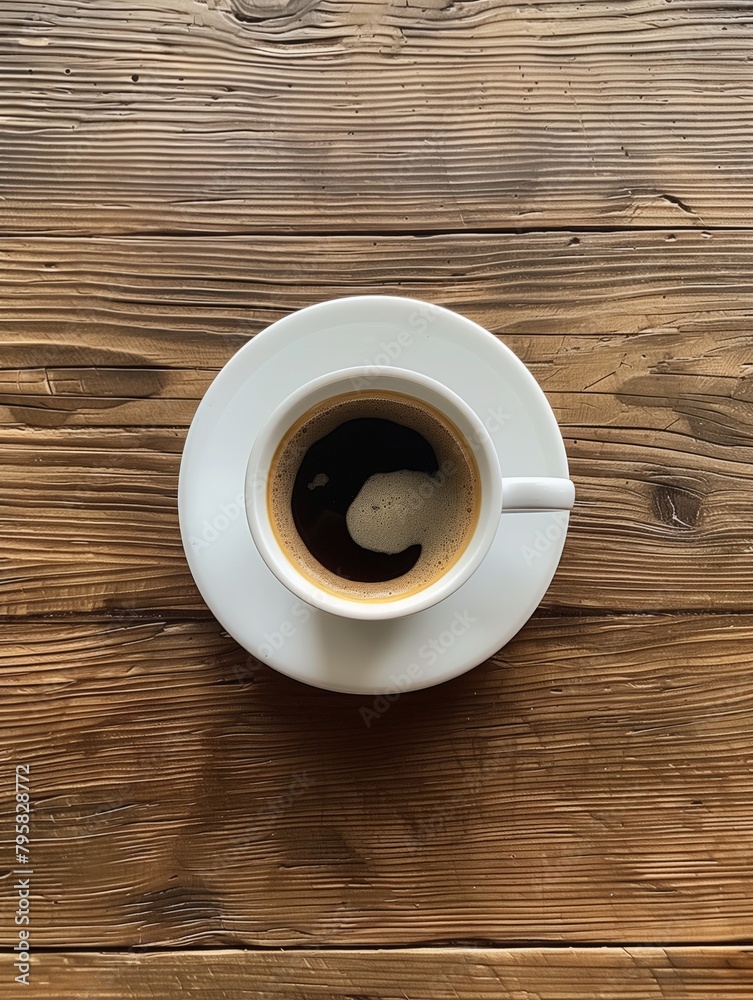A white coffee cup with coffee in it sits on a wooden table