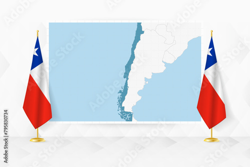 Map of Chile and flags of Chile on flag stand.