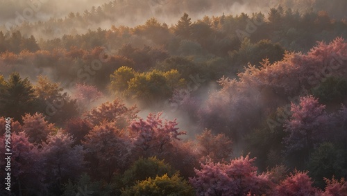 A misty forest at sunrise, the trees tinted in soft shades of pink, purple, and gold ai_generative