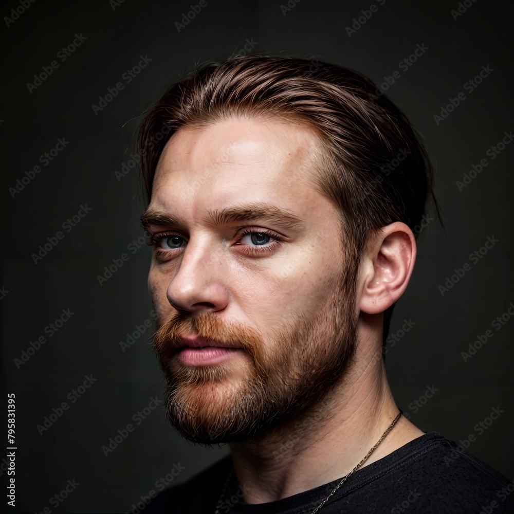 Man with black hair and beard, no expression, staring at camera in dark room Man with black hair and beard, no expression, staring at camera in dark room