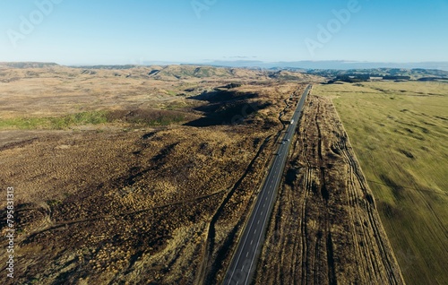 Aerial: Desert road in the Waiouru Military Area, Waiouru, Manawatū-Whanganui, New Zealand. photo