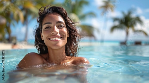 portrait of woman in pool on summer background