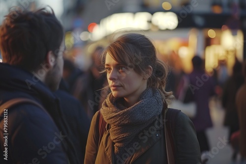 Couple walking in the city at night. Shallow depth of field