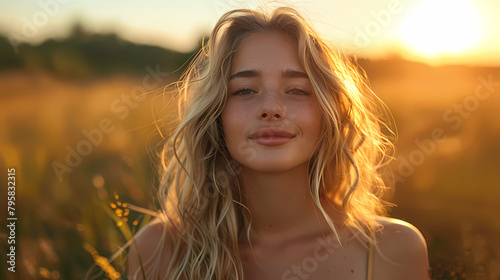 Visualization of a young woman doing calming techniques outdoor for anxiety © AY AGENCY
