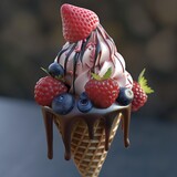 Un cono de helado bastante grande, cubierto de diversas frutas