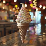 Un delicioso cono de helado, en un lugar lleno de luces brillantes