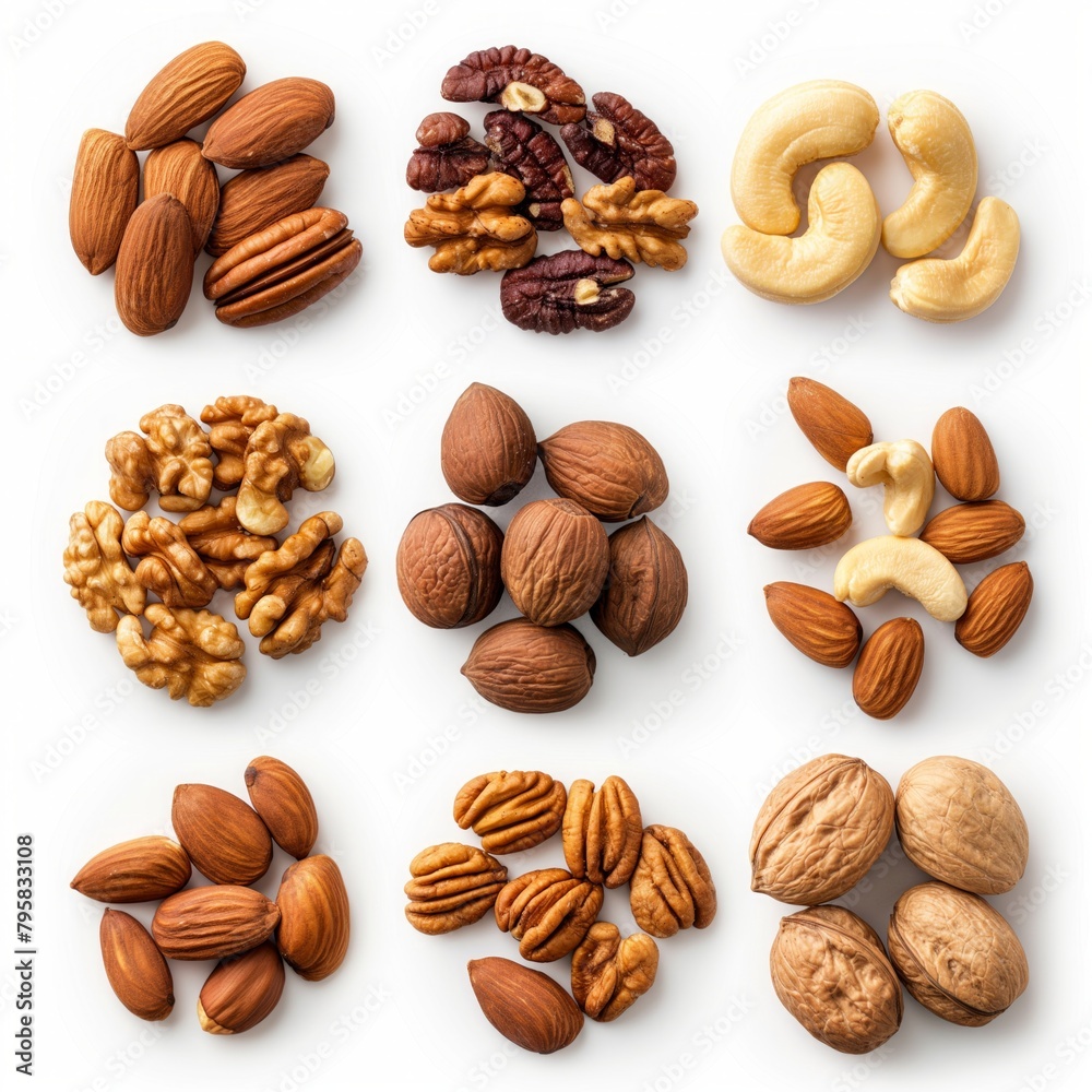 A close up of nuts including walnuts, cashews, almonds, and pistachios. The nuts are spread out in a grid pattern