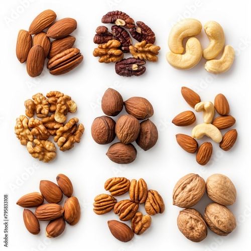 A close up of nuts including walnuts, cashews, almonds, and pistachios. The nuts are spread out in a grid pattern