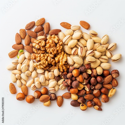 A variety of nuts and seeds are spread out on a white surface. The nuts include almonds, walnuts, and cashews, while the seeds include sunflower seeds and pumpkin seeds